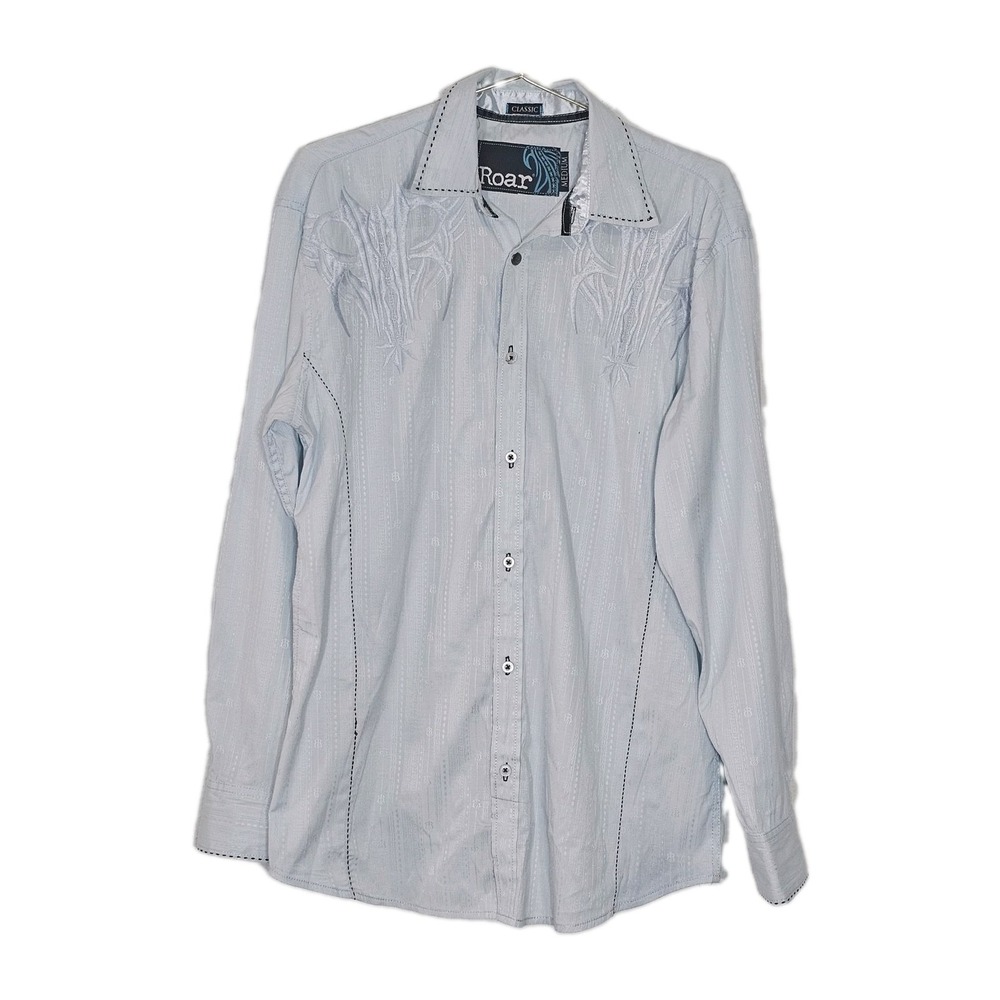 Roar Y2k Shirt Mens Classic Fit Medium Button Up Western Embroidered Light Blue